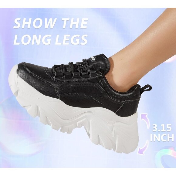 Brand New Women Black/White Rubber LUCKY STEP Chunky Platform Walking Sneaker - Picture 4 of 9